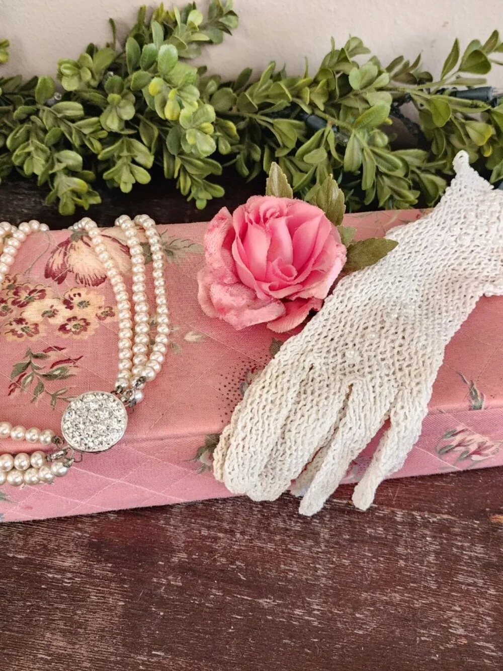 Vintage 1940's Pink Floral Covered Padded & Quilted Glove Dresser Box